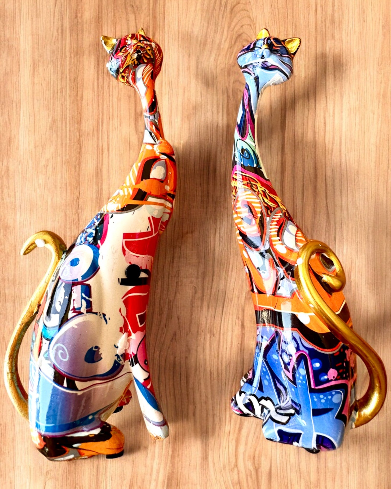 Abstract Cat Figurines "ArtCats", Hand-Painted, Resin – 25 cm, 2 pcs.