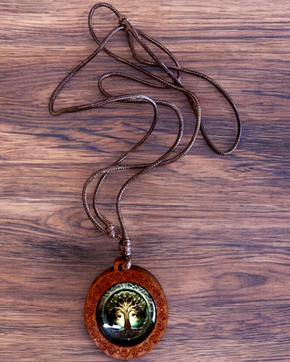 "Tree of Ancestors" Life Amulet - Handcrafted Wooden and Glass Necklace, personalization option with engraving for a gift