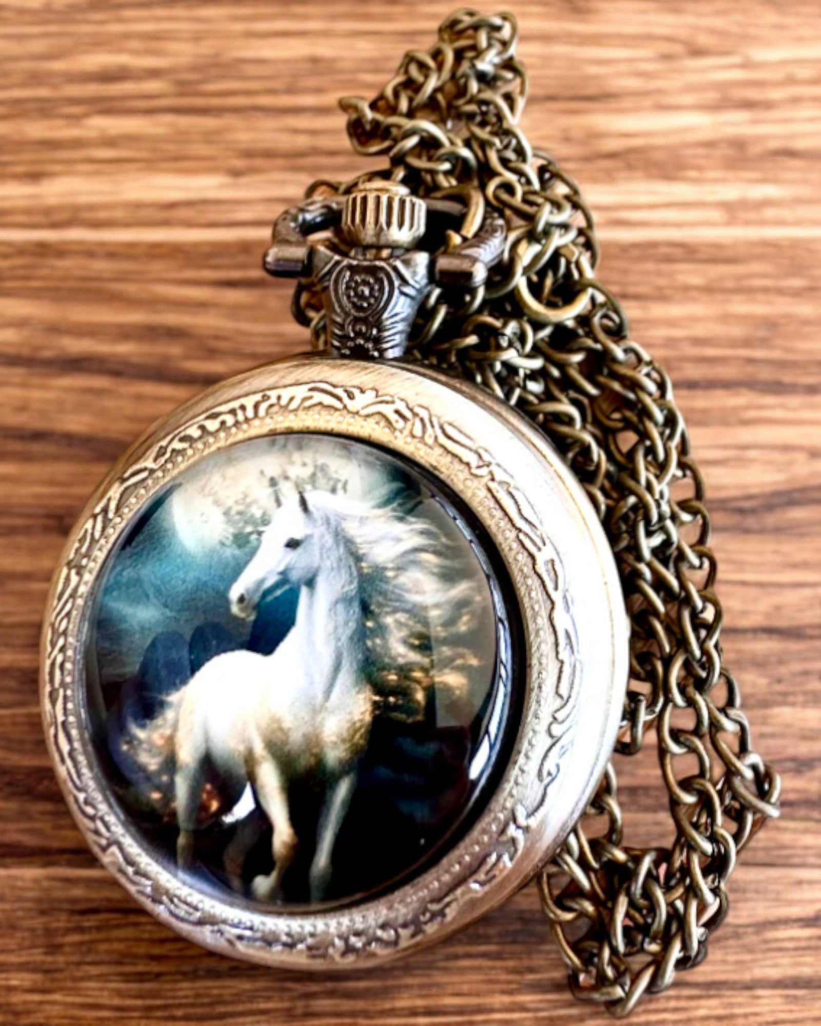 Orologio da tasca Unicorn Elegance con catena, motivo unicorno, incisione personalizzata gratuita