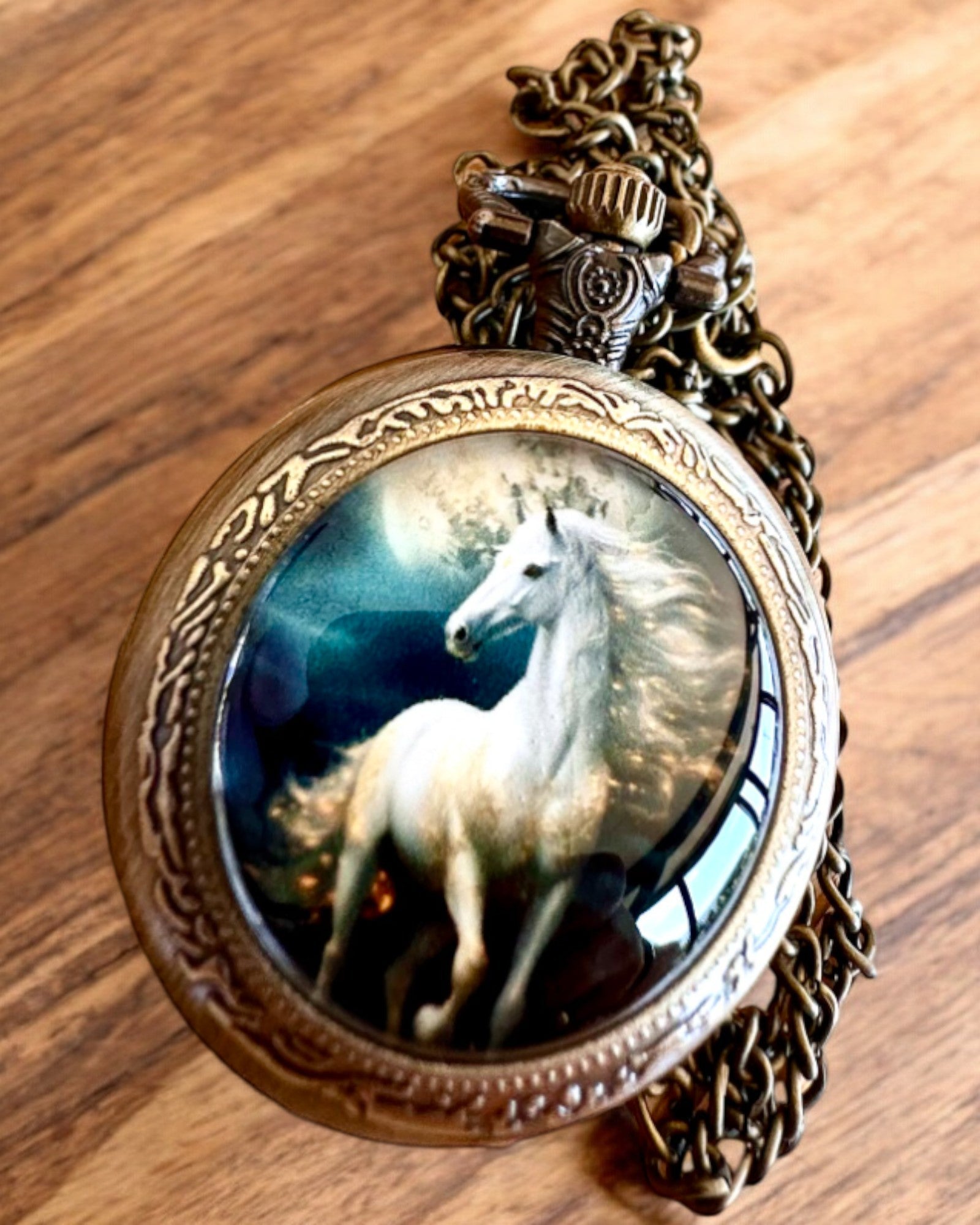 Orologio da tasca Unicorn Elegance con catena, motivo unicorno, incisione personalizzata gratuita