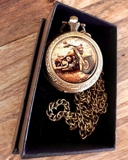 Retro Pocket Watch "Motorcycle Style", personalization option with engraving for a gift