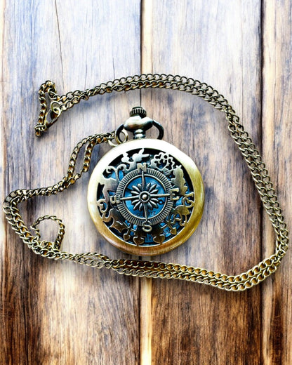 Vintage Pocket Watch with Compass Motif and Chain, Quartz, personalization with engraving