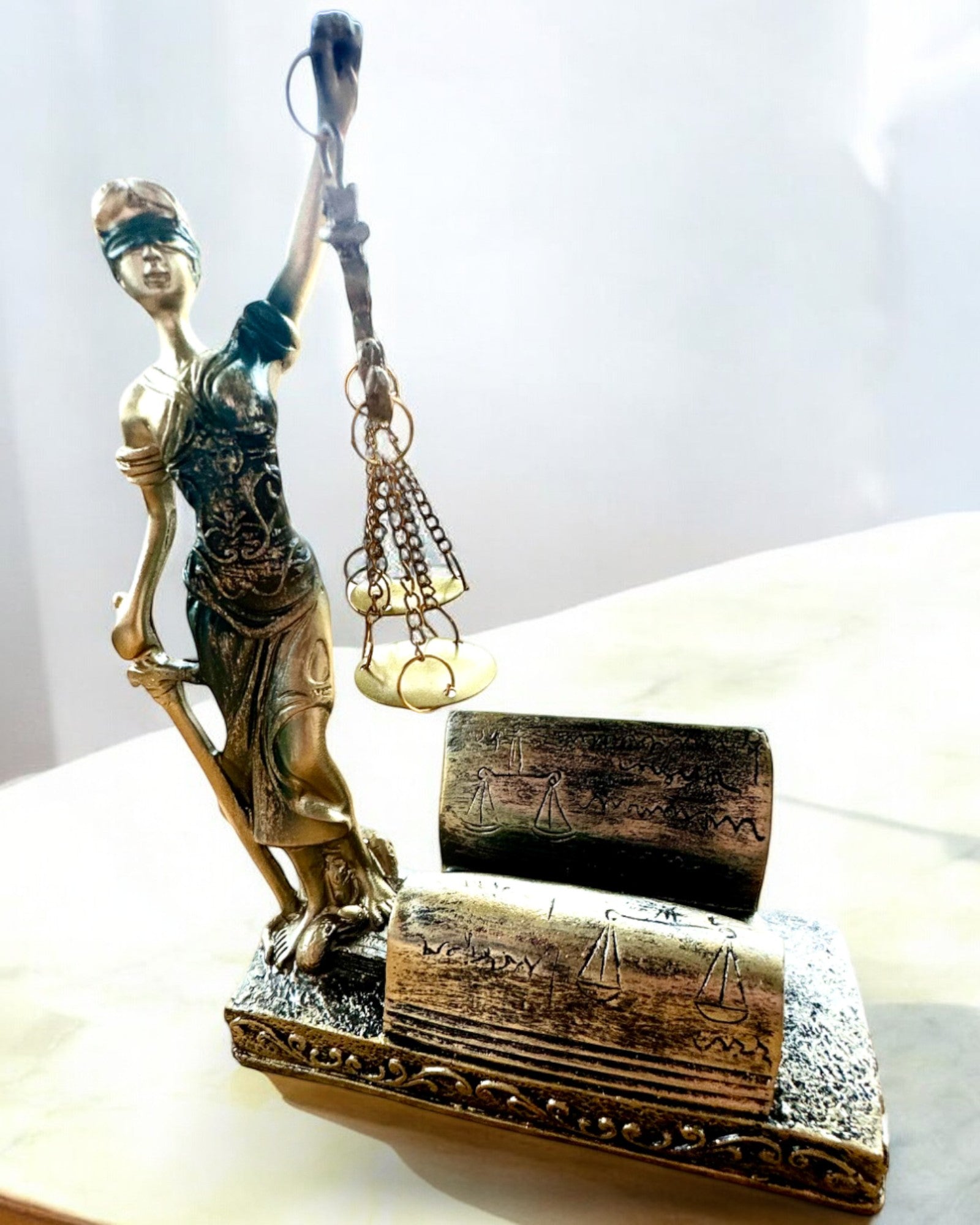 Statue "Justicia 2" - Göttin der Gerechtigkeit – Künstlerische Dekoration für das Regal, Handwerk aus Harz, Personalisierung mit Gravur