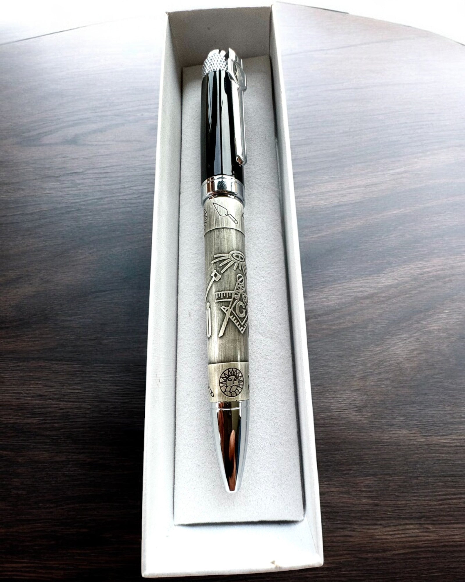 Elegant Pen "Masterful Harmony" with Engraving Option - Symbolic Motifs, Ancient Silver, personalization option for engraving as a gift