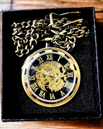 Orologio da Tasca Retro – Meccanico, Colore oro satinato con nero, Lussuoso, Impermeabile, Meccanismo semi-automatico, personalizzazione con incisione