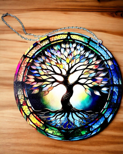 Pendentif Prismatique Solaire 'Arbre de Vie' - Décor Coloré Fenêtre