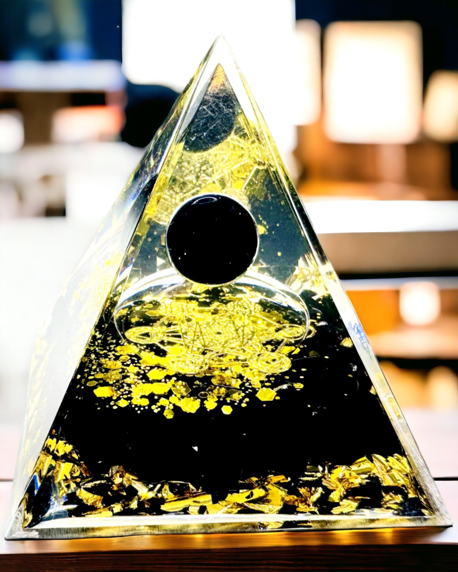 Crystal Pyramid made of Amethyst - Brings Positive Energy and Supports Meditation. Gold - black color