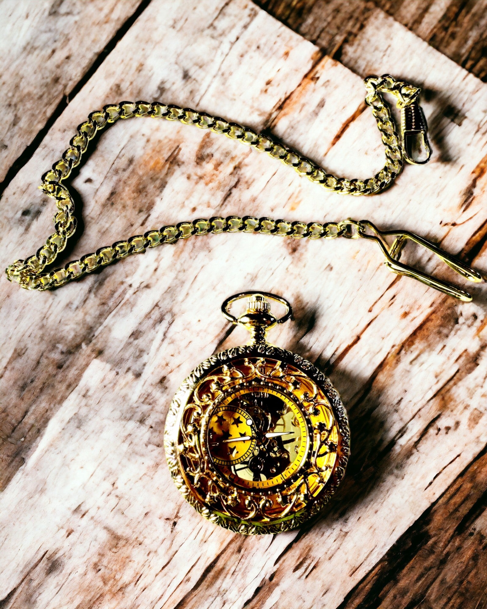 "Golden Majesty" - Luxury Mechanical Pocket Watch with Transparent Core. Personalization with engraving.