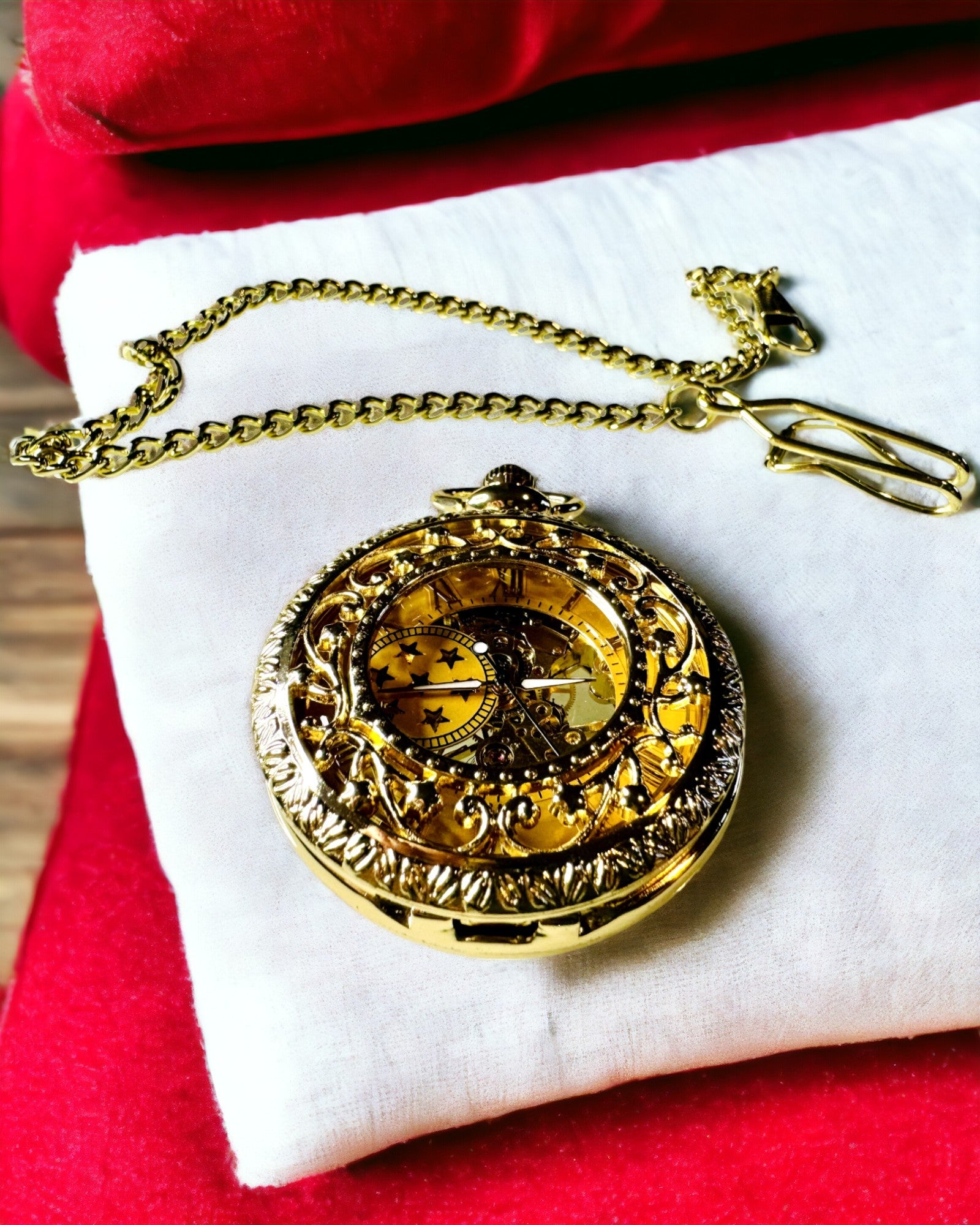 "Golden Majesty" - Luxury Mechanical Pocket Watch with Transparent Core. Personalization with engraving.