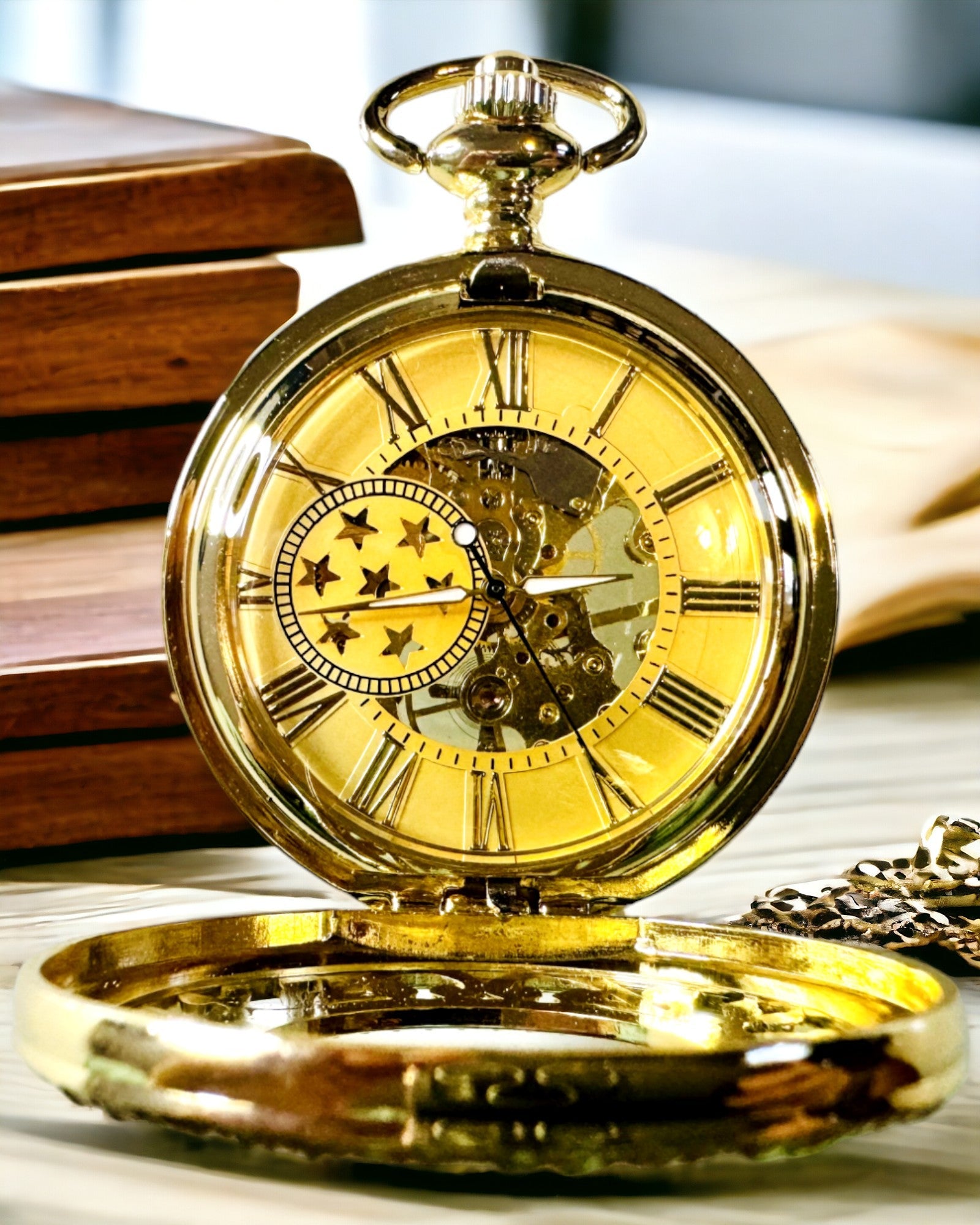 "Golden Majesty" - Luxury Mechanical Pocket Watch with Transparent Core. Personalization with engraving.