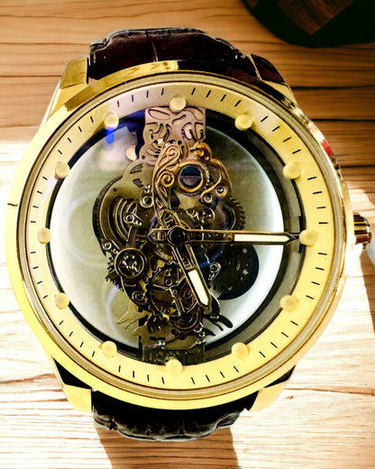 Men's Watch with Transparent Mechanism - Elegance and Precision in a Golden Frame