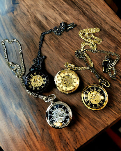 Retro Style Mechanical Pocket Watch, Waterproof, Semi-Automatic - Black Color - Perfect for Gift, engraving