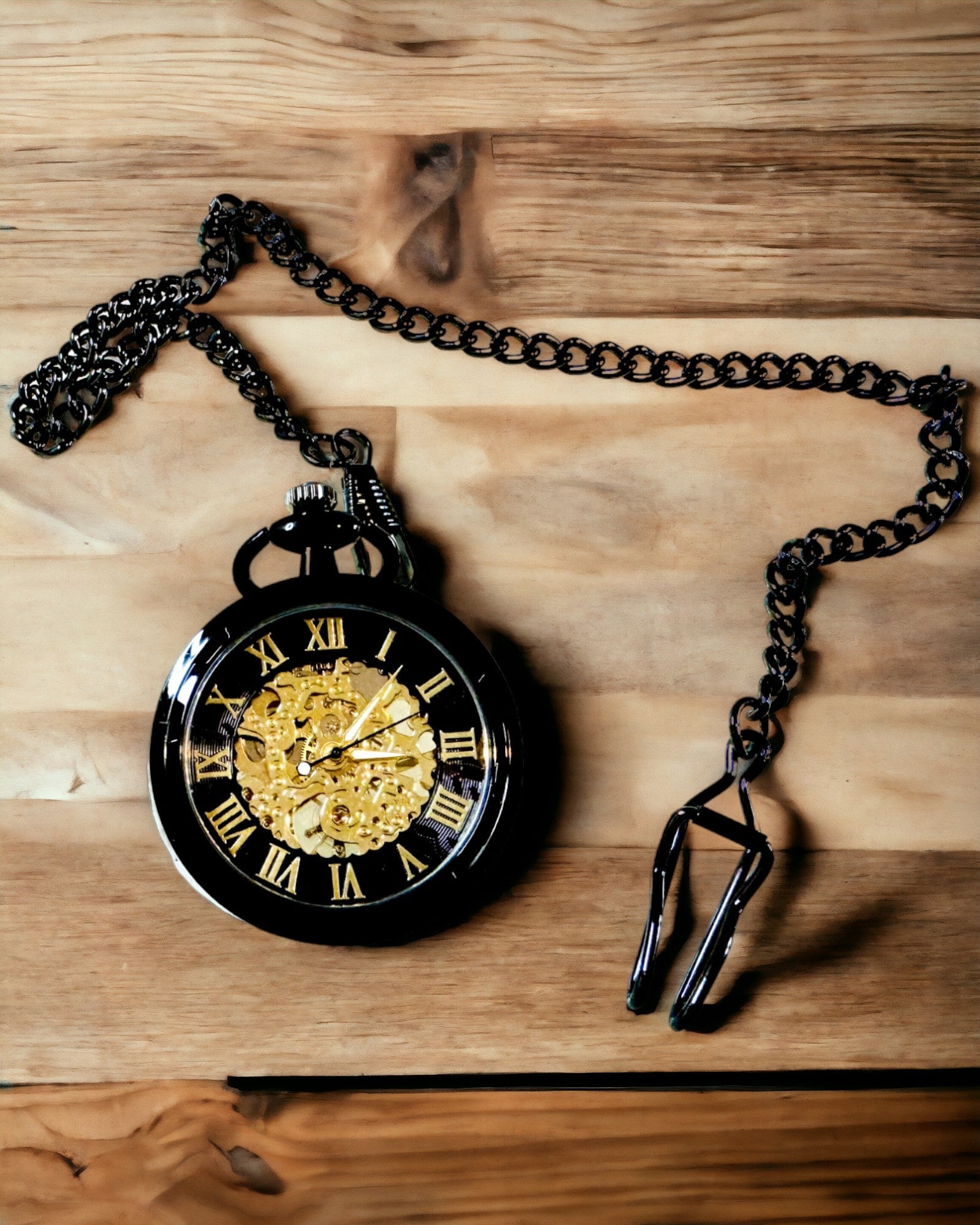 Retro Style Mechanical Pocket Watch, Waterproof, Semi-Automatic - Black Color - Perfect for Gift, engraving