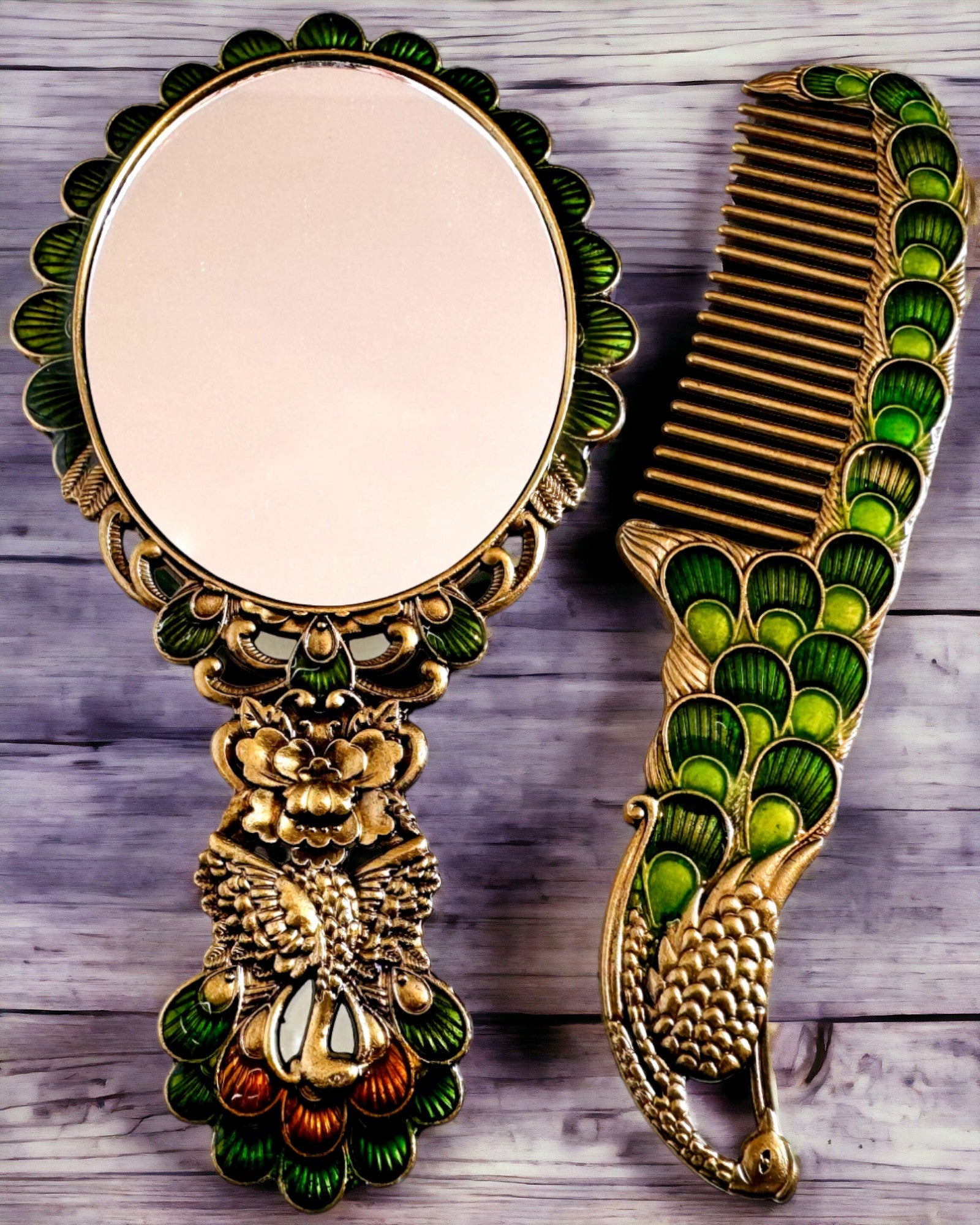 Ensemble Vintage avec Miroir et Peigne au Motif de Paon - Accessoires Cosmétiques Décoratifs