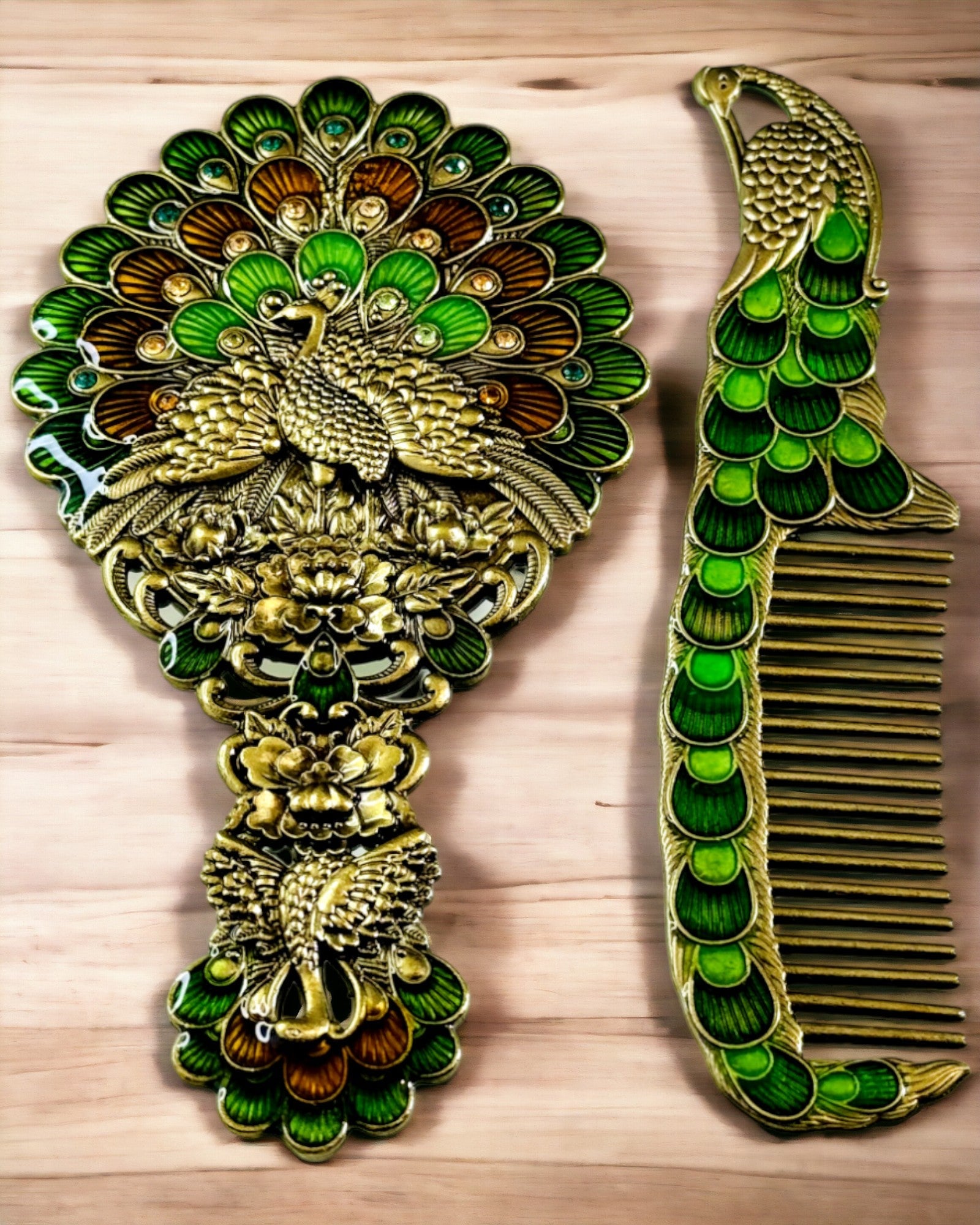 Vintage Set with Mirror and Comb in Peacock Theme - Decorative Cosmetic Accessories