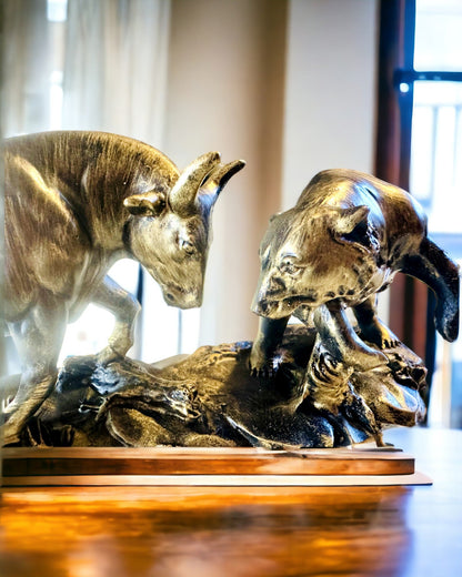 Sculpture "Two Rivals" - Bull and Bear - Symbolism of the Financial Market, Engraving Option - Copper Color