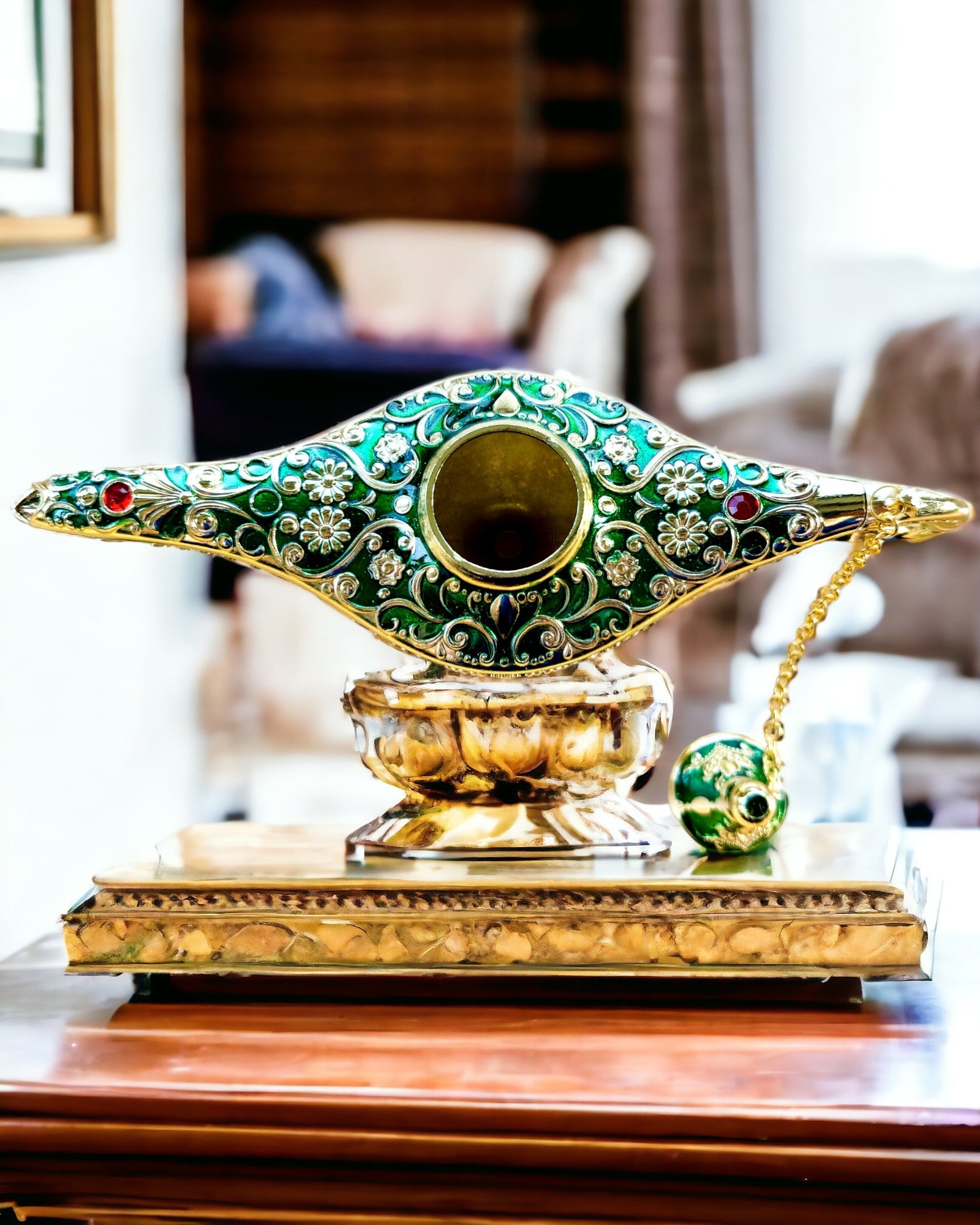 Lampe Magique d'Aladdin avec Option de Gravure - Variante Vert Foncé, entrelacé d'or