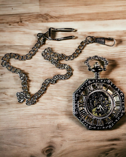 Classic Silver Octagonal Mechanical Pocket Watch with Skeleton Dial in Steampunk Style