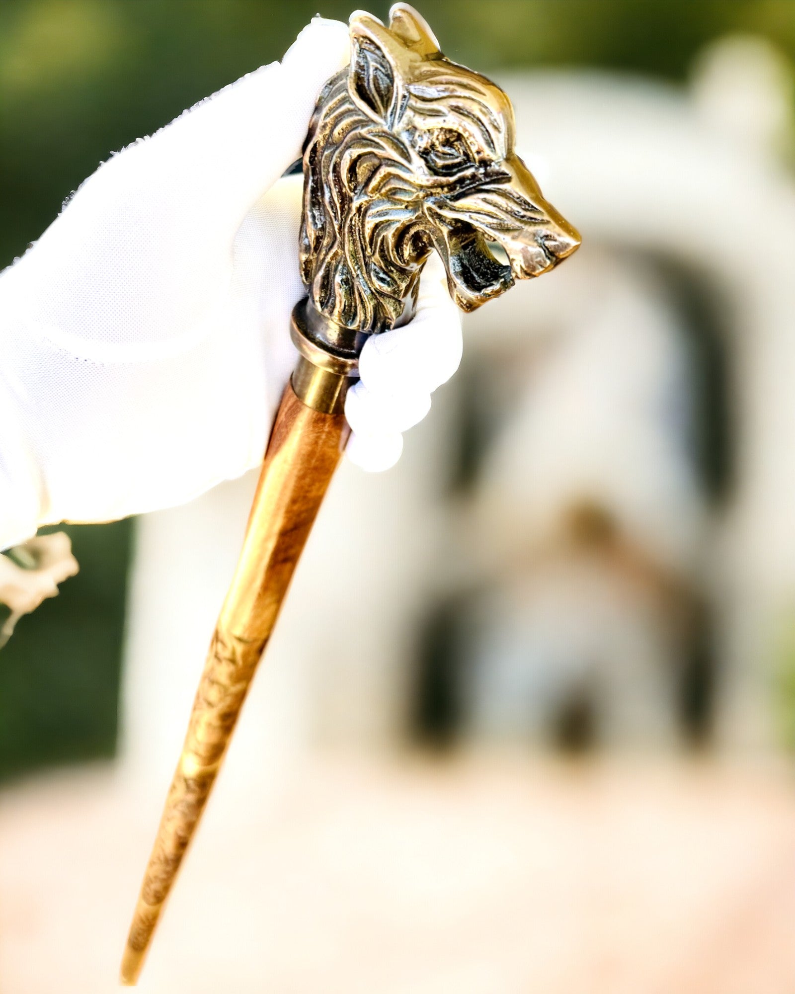 'Wolf' Walking Stick - Indian Mango Wood with Engraving Option, brown with carved pattern