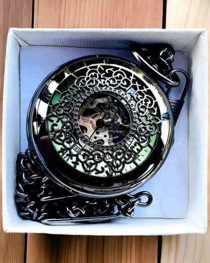 Pocket Watch "Eterna Elegance", personalized gift, engraving. Color black.