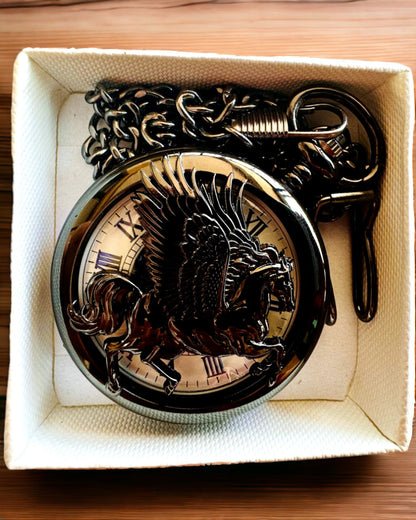 Montre de Poche "Equus Tempus" - Noire avec Motif de Cheval, possibilité de personnalisation par gravure - cadran blanc