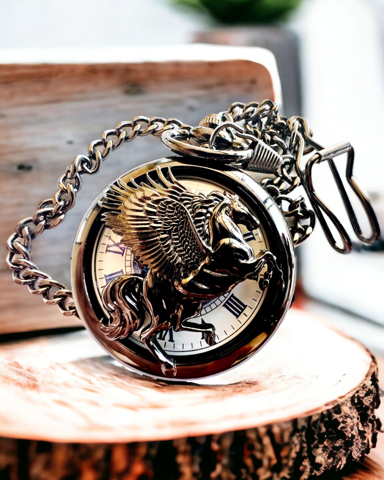 Montre de Poche "Equus Tempus" - Noire avec Motif de Cheval, possibilité de personnalisation par gravure - cadran blanc