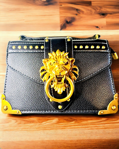 Fashion Square Shoulder Bag with Lion Accent - black color