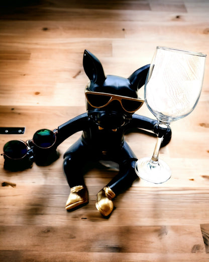 Exklusive Figur "Stylischer Bulldog", Farbe schwarz, Ständer für Weinglas oder Champagnerglas, Personalisierung durch Gravur