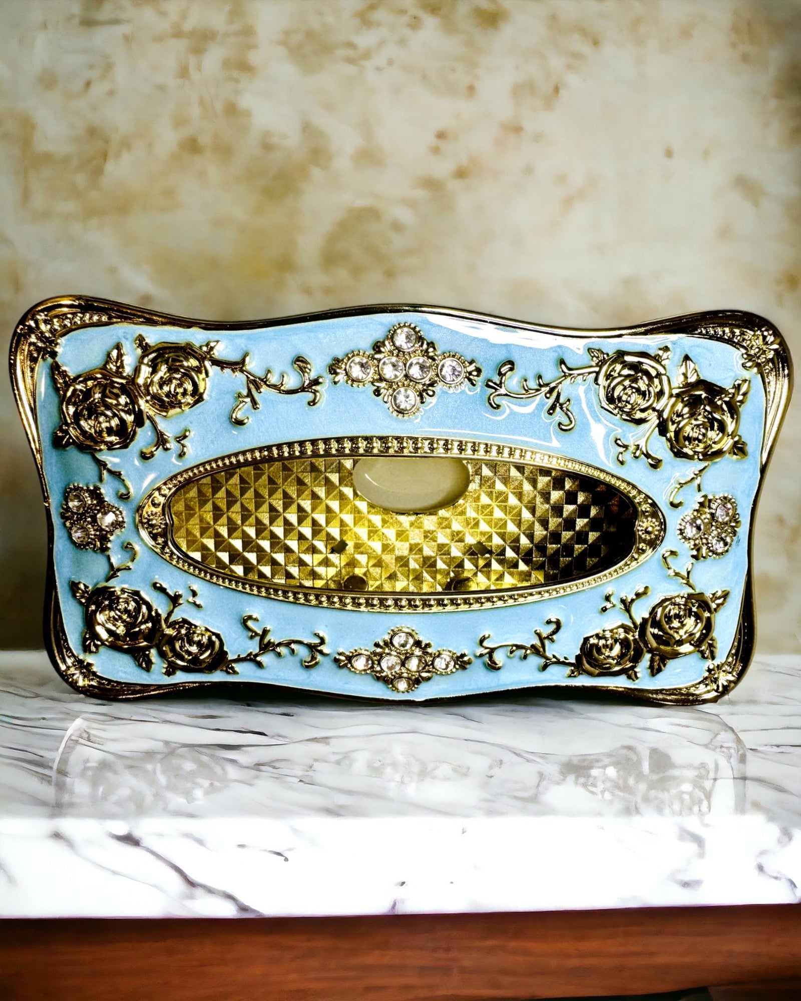 Luxury Tissue Box with Embossed Rose Pattern and Elegant Handles