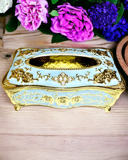 Luxuriöse Taschentuchbox mit geprägtem Rosenmuster und eleganten Griffen