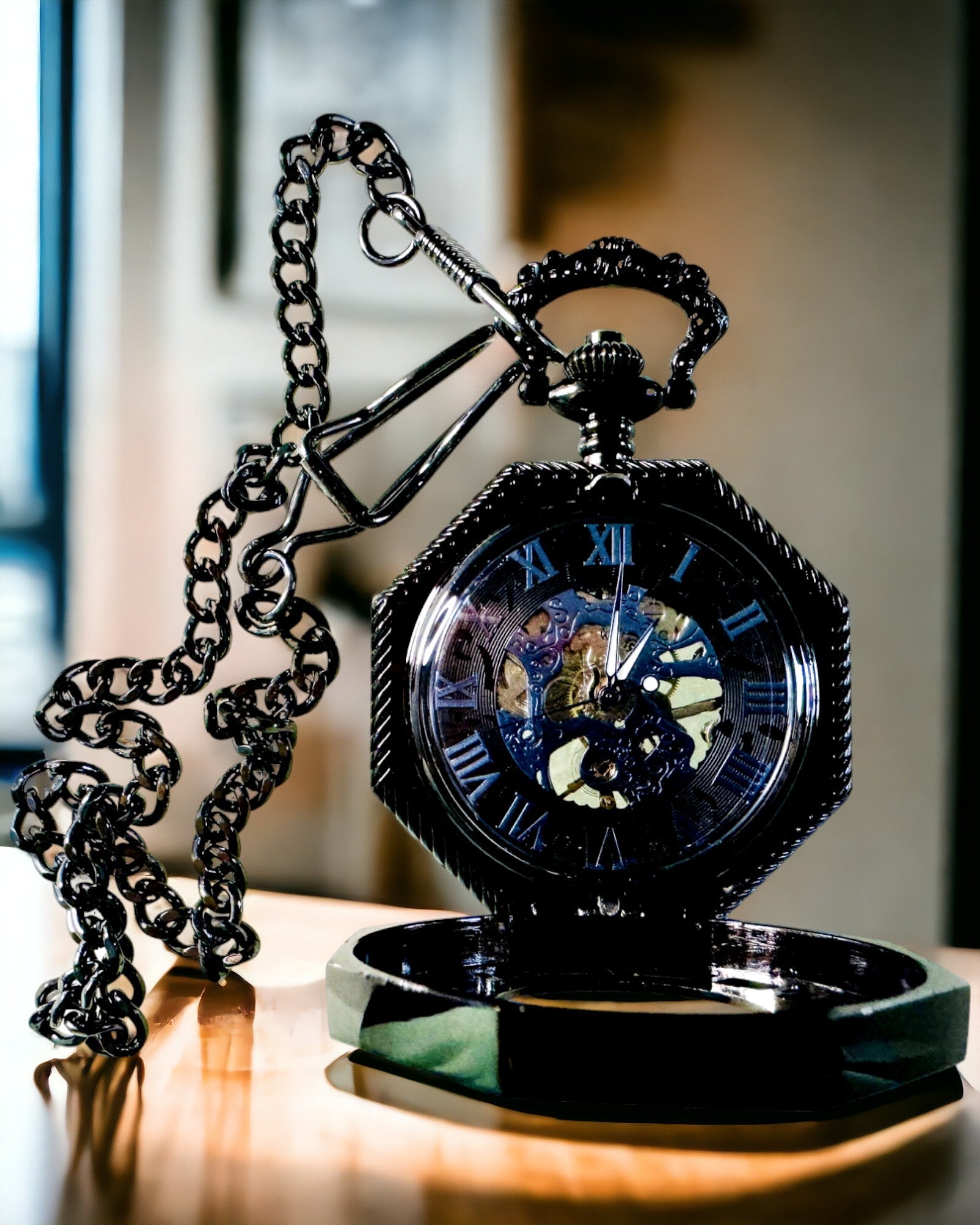 Montre de poche mécanique octogonale classique steampunk de couleur noire, gravée