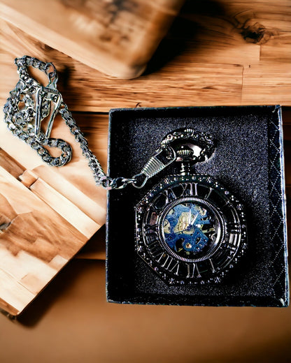 Klassische Achtkantige Mechanische Steampunk Taschenuhr in Schwarz, Gravur