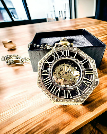 Orologio da tasca meccanico ottagonale classico colore marrone in stile steampunk - Senza tempo