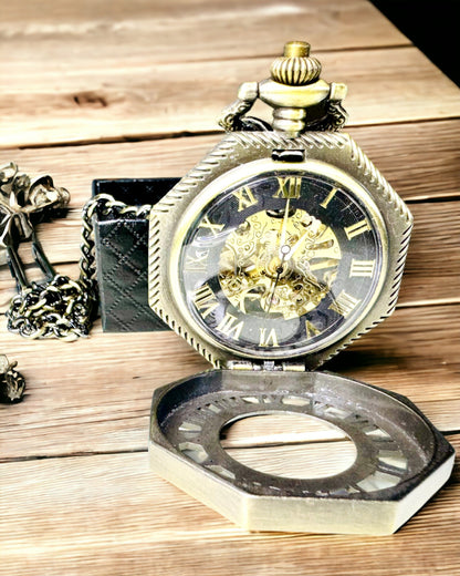 Classic Octagonal Brown Color Pocket Watch Mechanical in Steampunk Style - Timeless