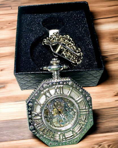 Classic Silver Octagonal Mechanical Pocket Watch with Skeleton Dial in Steampunk Style