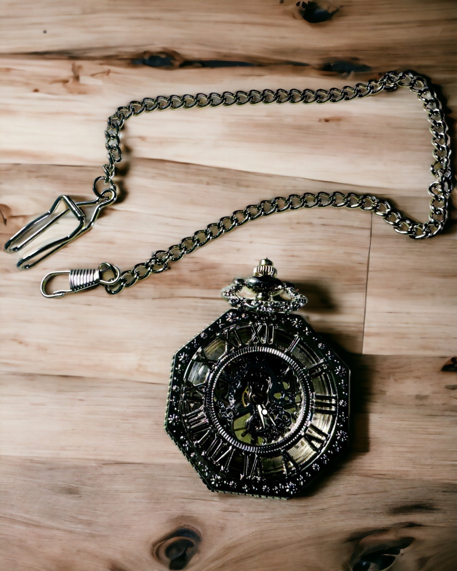 Classic Silver Octagonal Mechanical Pocket Watch with Skeleton Dial in Steampunk Style