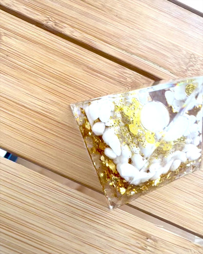 "Orgonite Energy Pyramid with White Stones - 'Golden Harmony', perfect as a gift"