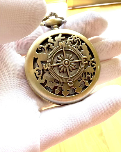 Orologio da Tasca Vintage con Motivo della Bussola e Catenina, Quarzo, personalizzazione con incisione